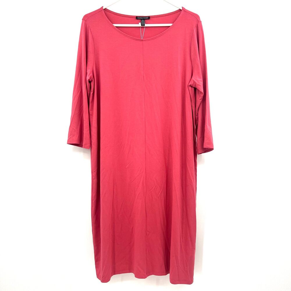 Eileen Fisher Viscose Jersey V-Neck Knee Length Dress Pink Rose 3/4 Sleeve M NWT